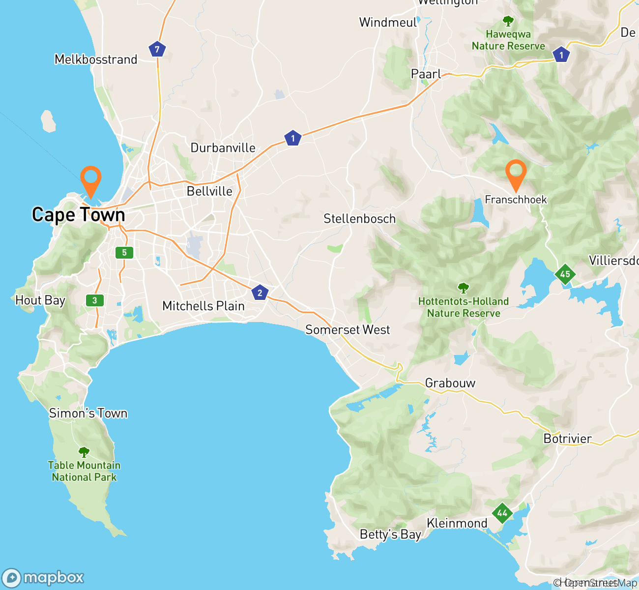 Scenic Cape Town & Winelands Mindfullness Escape Map